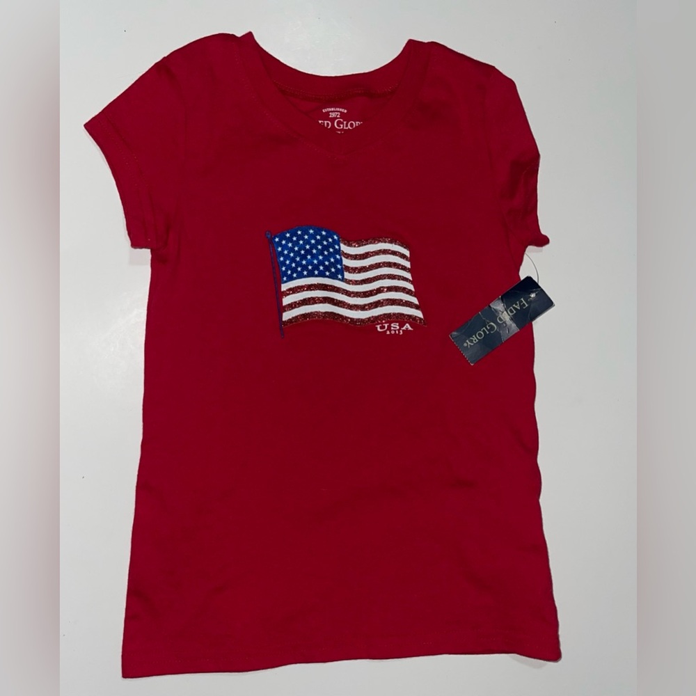 Faded Glory Girls Red Glitter US Flag Short Sleeve Shirt, Size 6/6x